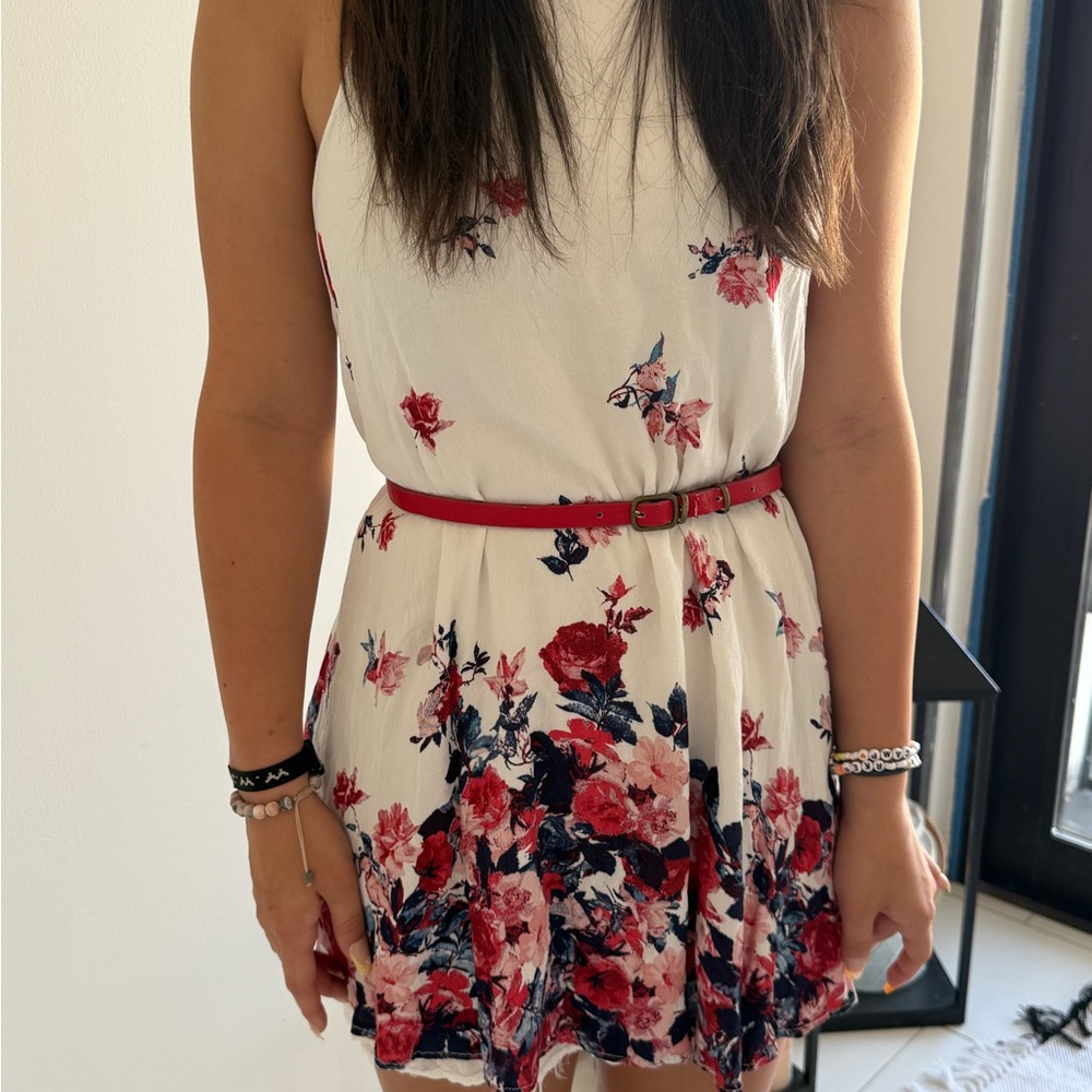 Elegant Floral Mini Dress with Red Accents